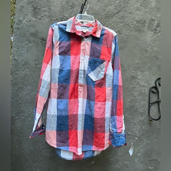 MERONA RED WHITE BLUE PLAID HALF BUTTON UP LONG SLEEVE SHIRT TUNIC TOP SIZE S - Picture 8 of 12